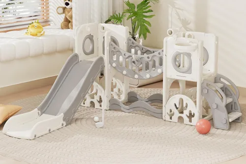 Vista 9 de Conjunto de juegos de parque infantil para niños pequeños con arco de escalada, juego de golf, tobogán y aro de baloncesto - Juguetes