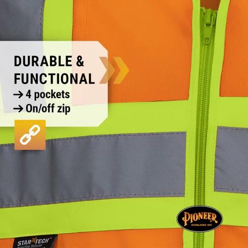 Vista 6 de Pioneer Chaleco de seguridad con mangas Hi Vis para hombres y mujeres, tricot transpirable, cinta reflectante, bolsillos, clase 3, color naranja