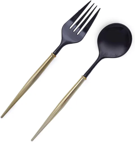 Vista 7 de Efavormart 24 Pack Juego de cubiertos de plástico premium negro/dorado de 6" de 24 piezas, cubiertos desechables modernos y resistentes de plata