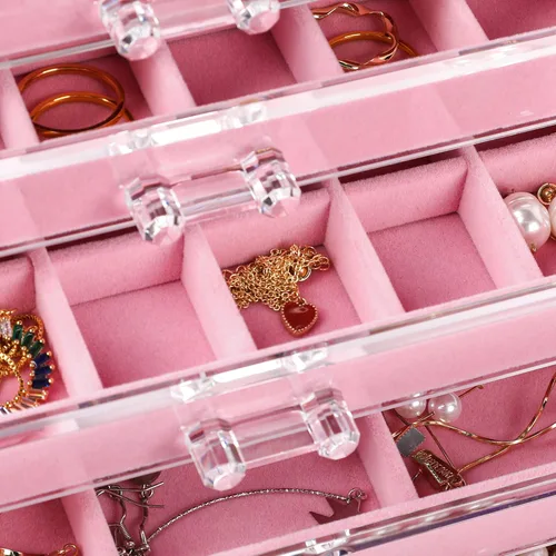Vista 4 de Frebeauty Organizador de joyas de acrílico, caja organizadora de aretes con 5 cajones, organizador de aretes con bandejas de terciopelo, caja
