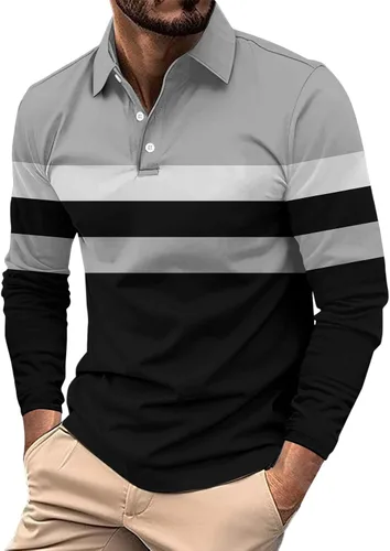 Vista 6 de Camisas polo de manga larga con estampado a rayas para hombre, camiseta de golf para exteriores, cuello en V, camiseta clásica de negocios