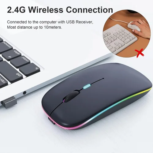 Vista 3 de Ratón inalámbrico LED, mouse Bluetooth recargable, mouse portátil delgado con receptor USB, conexión de modo dual BT5.4 y 2.4G, silencioso