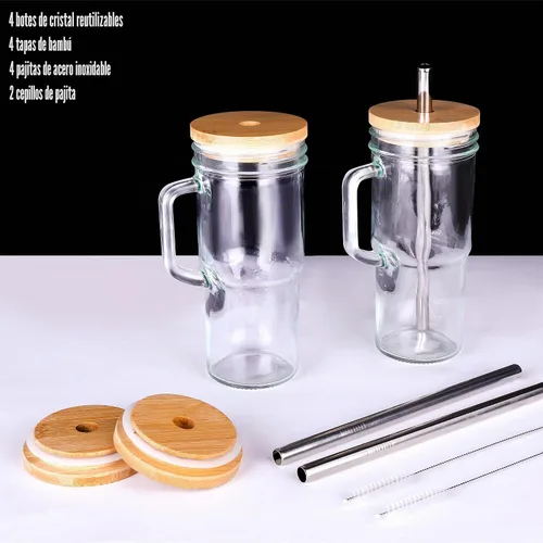 Vista 5 de Vasos de vidrio de 24 onzas con tapas y pajitas - Vaso de vidrio con tapas de bambú y pajita, taza de café helado