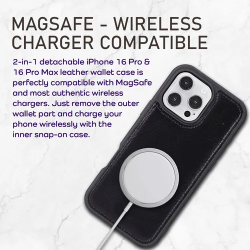 Vista 99 de Bayelon Funda tipo cartera para iPhone 15 Pro, cartera de cuero de grano completo, funda magnética desmontable, tarjetero, funda tipo cartera