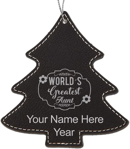 Vista 4 de LaserGram Adorno de Navidad personalizado, la tía más grande del mundo, piel sintética, idea de regalo grabada con láser personalizado