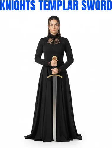 Vista 6 de SZCO Espada de caballeros templarios de 37 pulgadas, espada decorativa medieval de caballero con mango envuelto en cuero negro y vaina de cuero a
