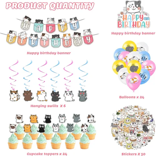 Vista 3 de Zhanmai 106 piezas de suministros de fiesta de cumpleaños con temática de gato, incluyen una bonita pancarta de feliz cumpleaños, remolinos