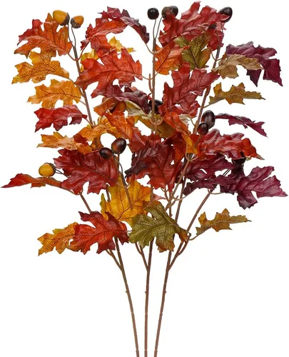 Vista 8 de GnFlus 3 ramas de hojas de roble artificiales de 16 pulgadas, tallos de hojas de otoño falsas con bellotas piñas para interiores y hogar, Halloween