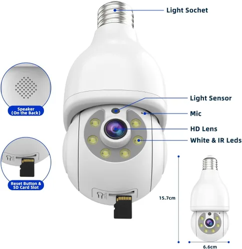Vista 8 de EVERSECU Cámara de seguridad con bombilla HD de 2K, WiFi inalámbrica de 2.4G y 5Ghz, interior y exterior, compatible con Onvif, transmisión RTSP