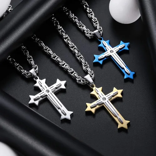 Vista 4 de Collar con colgante de cruz para hombres, niños, mujeres y niñas, collar de cruz de acero inoxidable, circonita cúbica, regalo de oración cristiana