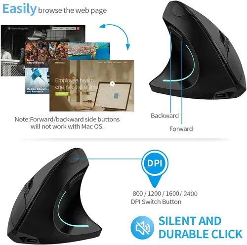 Vista 3 de Mouse vertical, mouse vertical ergonómico inalámbrico de 2.4 GHz con 4 DPI ajustables 800120016002400, 6 botones, compatible con PC, escritorio, Mac