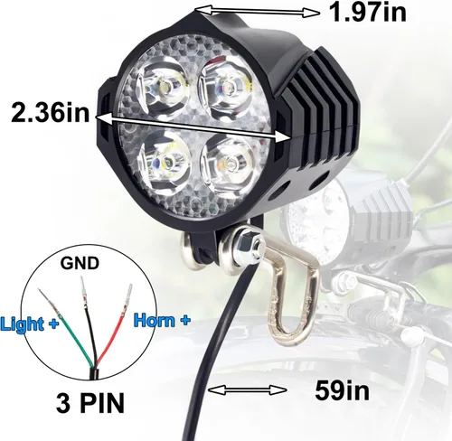 Vista 2 de Faro delantero de bicicleta eléctrica de 48 V 36 V, compatible con 12 V-60 V, conector SM de 3 pines