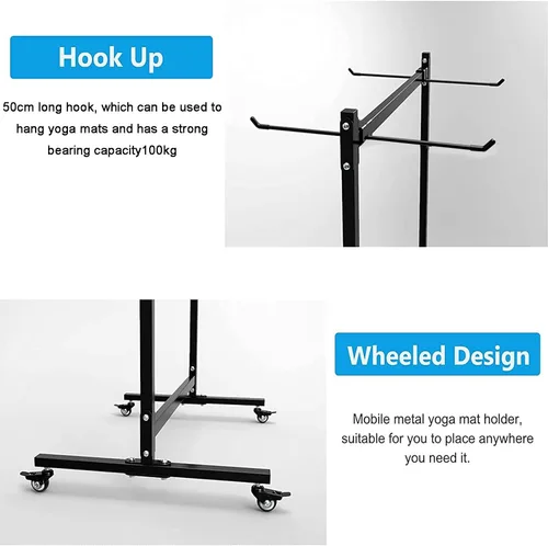 Vista 5 de Soporte para tapete de yoga colgante, carrito de esterilla de yoga rodante, estante de almacenamiento de gran capacidad, con perforador, estante