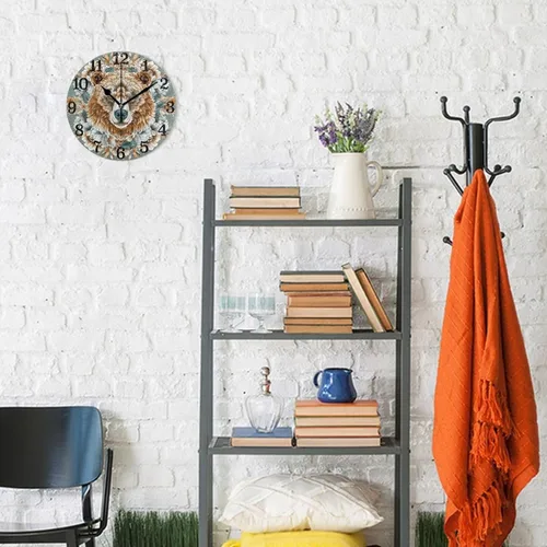 Vista 4 de Reloj redondo de pared de 10 pulgadas, sin tictac, oso marrón bohemio, flores retro para interiores para baño, baño, oficina, reloj para cocina