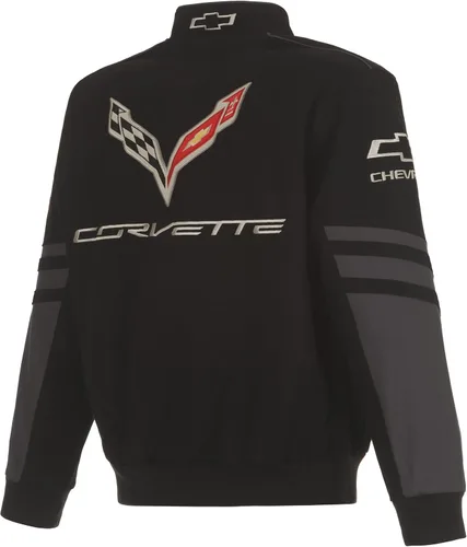 Vista 2 de JH DESIGN GROUP Chaqueta de sarga de algodón bordada Chevy Corvette C7 para hombre C721 Negro