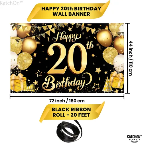 Vista 4 de KatchOn, Cartel de feliz cumpleaños número 20 negro y dorado – Grande, 72 x 44 pulgadas Cartel de 20 cumpleaños Saludos a los 20 años