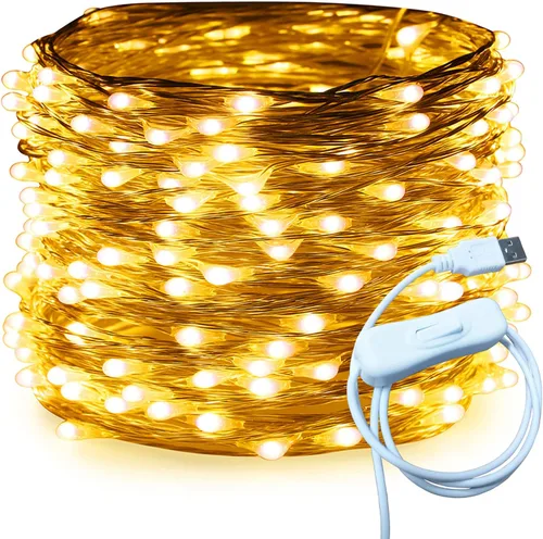 Vista 12 de RUICHEN Cable plateado de 33 pies con 100 luces LED USB con interruptor de encendido/apagado (blanco cálido)