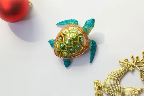 Vista 6 de Juego de 2 adornos de tortuga marina, adornos de tortuga marina de vidrio soplado a mano para árbol de Navidad, adorno de Navidad de tortuga marina