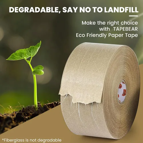 Vista 3 de TAPEBEAR Cinta activada por agua de 2.75 pulgadas x 377 pies, cinta engomada reforzada con fibra, cinta de papel kraft ecológica, cinta de embalaje