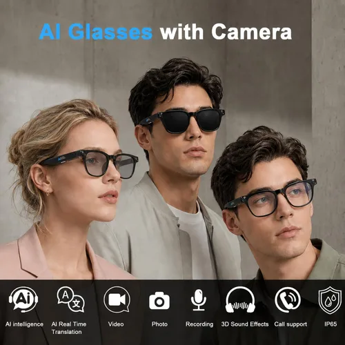 Vista 13 de Gafas inteligentes AI con cámara, video HD de 8 MP y captura de fotos para Gafas de sol para grabación de video, audio de oído abierto, traducción
