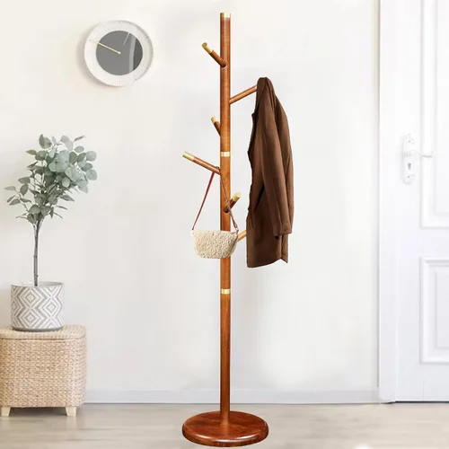 Vista 13 de Perchero de madera independiente, colgador de árbol de pasillo con ganchos de resina, perchero ajustable y resistente para colgar ropa, bolsas