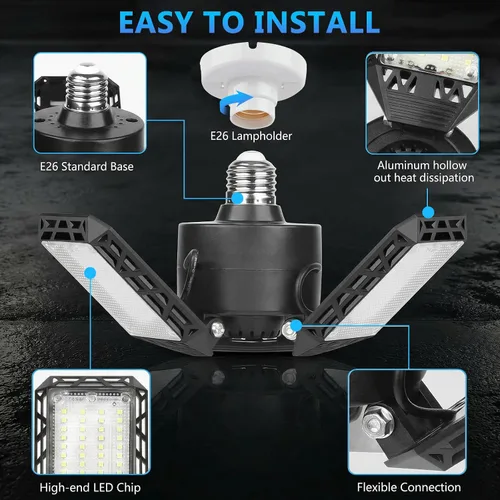 Vista 2 de 4 paquetes de luces LED para garaje, 60 W, luz de techo de garaje deformable, 8000 lm, E26, luces de sótano con 3 paneles LED ajustables, se adapta