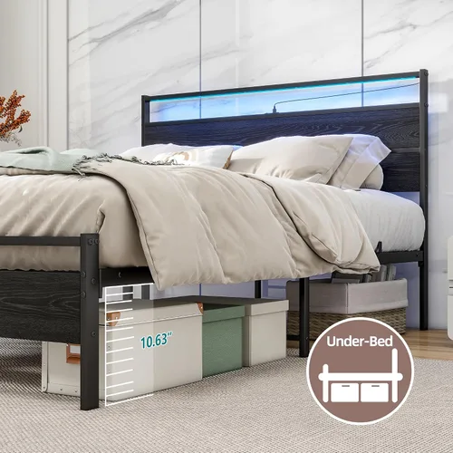 Vista 7 de Base de cama de tamaño matrimonial con cabecero de madera/luces LED, plataforma de metal, tamaño matrimonial con estación de carga, soporte