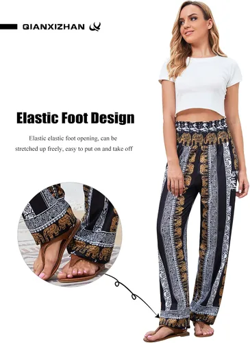 Vista 3 de QIANXIZHAN - Pantalones deportivos de tiro alto para mujer, diseño estilo harén bohemio con bolsillos, para yoga