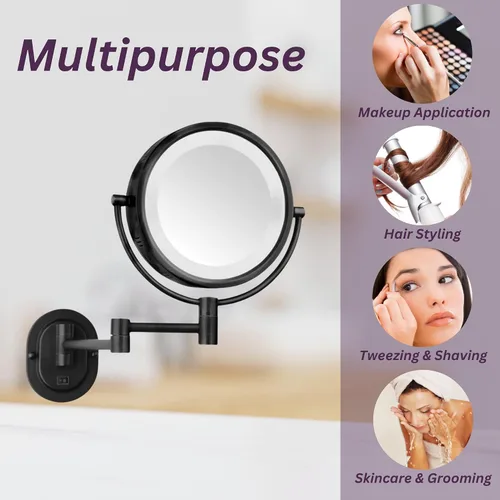 Vista 7 de JERDON Espejo de maquillaje montado en la pared con aumento 5X - Espejo de maquillaje negro con luces LED - Cable directo - Modelo HL65BKD