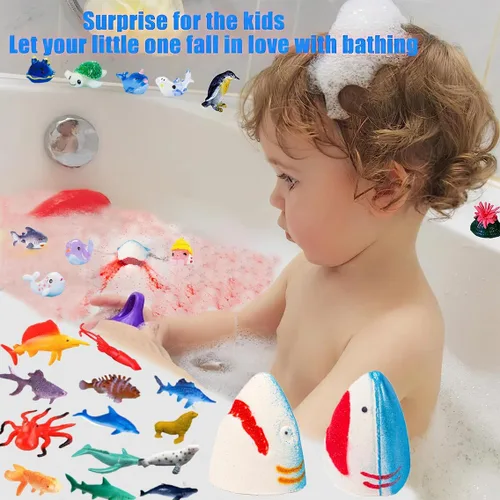 Vista 4 de Bombas de baño de tiburón para niños con sorpresa de animales marinos en el interior – Set de regalo de bombas de baño naturales y seguras