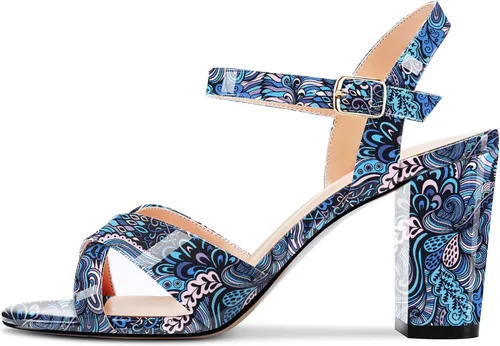 Vista 2 de Aachcol Sandalias de mujer con puntera abierta, correa de tobillo abierta, tacón alto, zapatos de vestir clásicos de patente para boda de 3 pulgadas