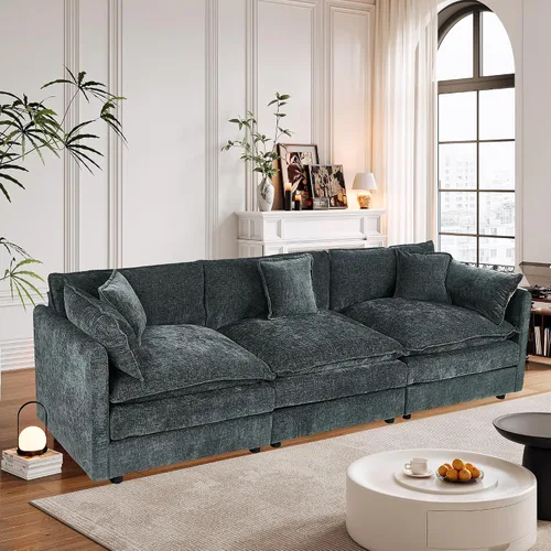 Vista 12 de Setawix Sofá Profundo de 3 Plazas con Otomana, Sofás de Nube en Forma de L de 112.2" para Sala de Estar, Sofá de Nube de Chenilla con Asiento Café
