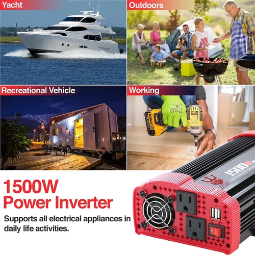 Vista 7 de Inversor de corriente para automóvil de 1500 W, convertidor de CC de 12 V a 110 V CA con 2 salidas de cargador y puertos USB duales de 3.1 A