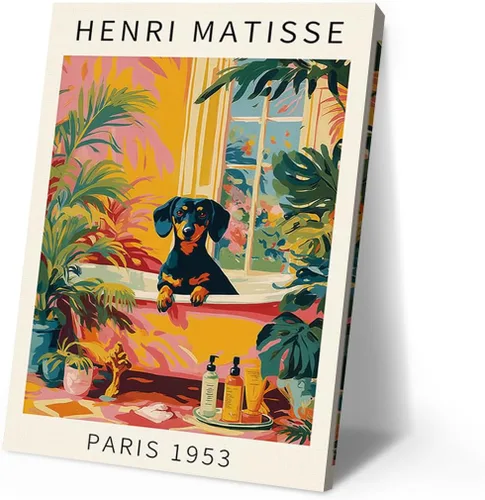 Vista 14 de Divertido perro baño pared arte Henri Matisse habitación estética retro rosa decoración Dachshund en la bañera lienzo pintura impresión obras