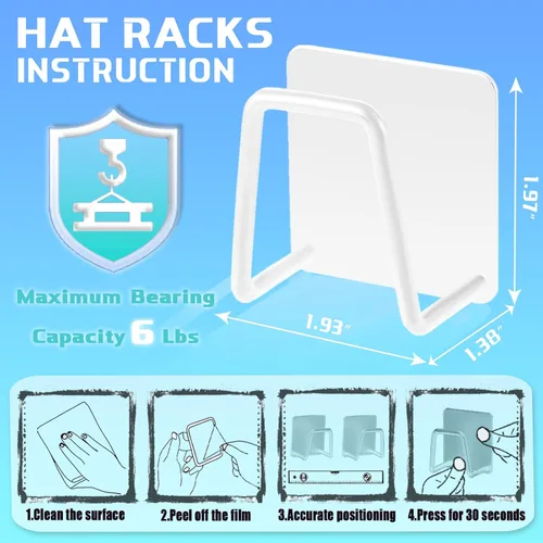 Vista 5 de Perchero para organizador de sombreros de pared (paquete de 6), estantes de metal para gorras de béisbol, ganchos adhesivos para sombreros