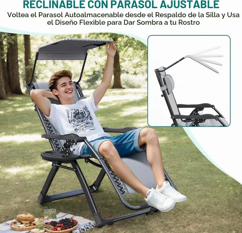 Vista 6 de ATORPOK Silla de gravedad cero con toldo, reclinable plegable para patio
