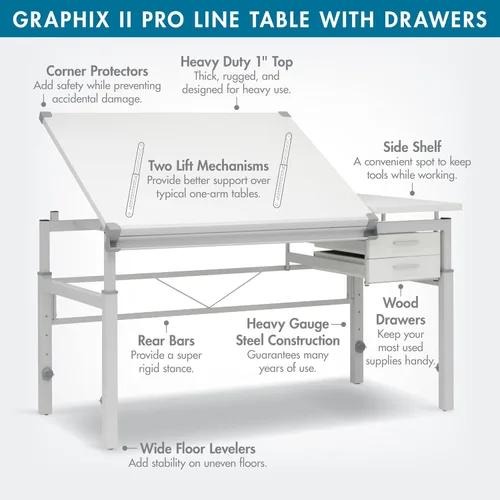 Vista 3 de Studio Designs Graphix II Pro Line - Mesa de dibujo ajustable en altura ajustable, con parte superior inclinable de 39.5 x 30 pulgadas, color blanco