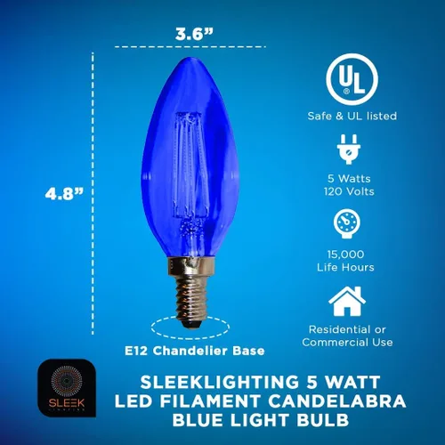 Vista 2 de Bombilla de filamento LED E12 de 5 W, bombilla azul (60 W de repuesto incandescente), punta de torpedo de candelabro, cubierta de vidrio