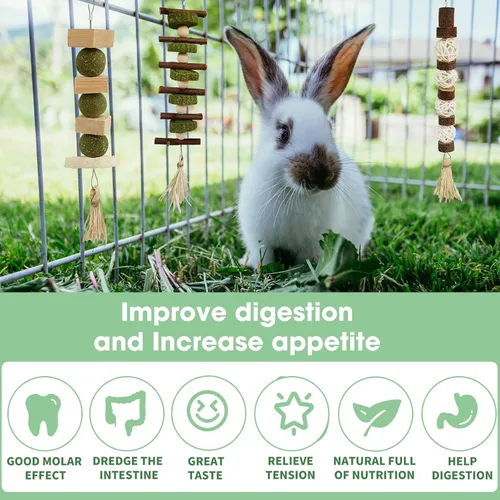 Vista 5 de WDEFUN 3 juguetes masticables de conejo, juguete de conejo colgante natural para masticar, golosinas para conejillos de indias, hámsters, jerbos