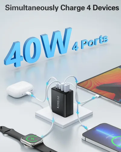 Vista 3 de Bloque de carga USB C, cargador de pared USB C de 40 W, adaptador de corriente PD de doble puerto, enchufe de pared QC USB C, bloque de carga rápida
