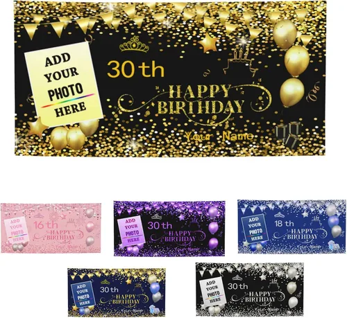 Vista 2 de Cartel personalizado de feliz cumpleaños con foto/nombre para mujeres, hombres, niños, fiesta de cumpleaños, suministros de decoración de interiores