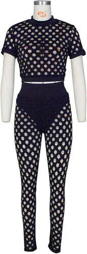 Vista 4 de Ophestin Conjunto sexy de 2 piezas para mujer conjunto de pantalones ajustados con parte superior hueca