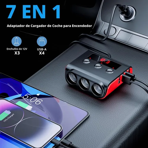 Vista 2 de SONRU - Divisor de encendedor de cigarrillos 7 en 1, divisor de encendedor de cigarrillos con 4 puertos USB de carga rápida, interruptores
