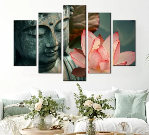 Vista 4 de NAN Wind 5 piezas de lienzo de flor de loto zen de Buda Zen, decoración espiritual para meditación, decoración pacífica del hogar, simbolismo