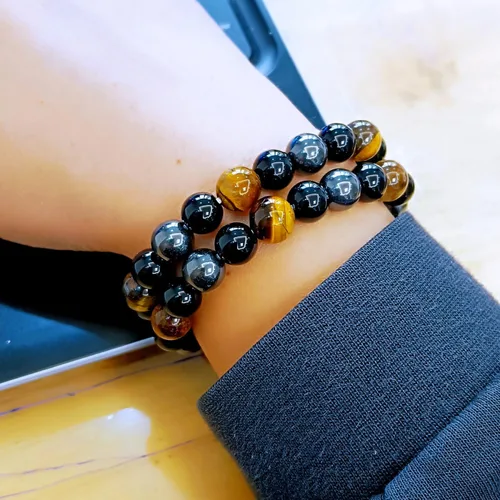 Vista 63 de Pulseras de triple protección con piedra de ojo de tigre de obsidiana negra con hematita para hombres y mujeres, pulsera de piedra curativa