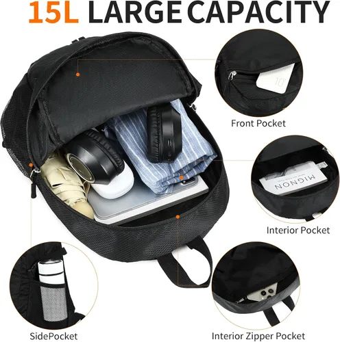 Vista 4 de Mochila pequeña de senderismo para viajes, ligera, plegable, mochila de día resistente al agua, mochilas plegables de 15L para viajes, mujeres, Negro