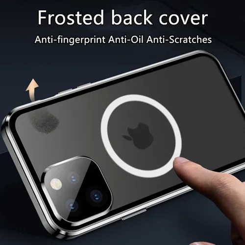 Vista 5 de Funda para iPhone 11 Pro Max, protección de doble cara de 360 grados compatible con Magsafe absorción magnética parachoques de metal frontal de Azul