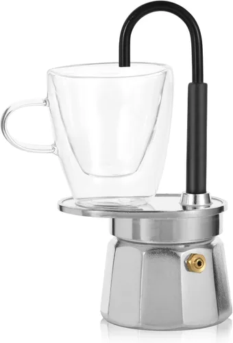 Vista 16 de Mini Express Swiss Single Tube Moka Pot Aluminio Marfil Blanco, El juego Moka incluye una taza de doble pared de 3 onzas, disfruta de un delicioso