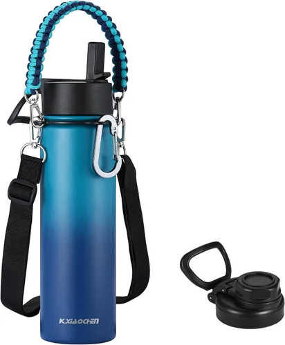 Vista 35 de KXIAOCHEN Botella de agua aislada, botella de agua de acero inoxidable, 2 tapas (con pajilla y tapa con asa), botellas de agua metálicas de boca