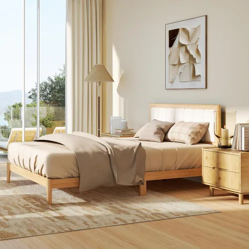 Vista 7 de HOMCOM Base de cama tamaño Queen con cabecera tapizada, marco de cama de plataforma con listones de madera, no necesita somier, fácil montaje